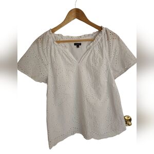 Talbots Women's White Eyelet V Neck Short Sleeve Top Size Large 100% Cotton Line